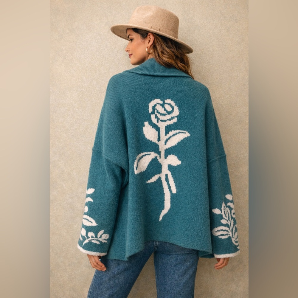 Teal Floral Open-Front Cardigan Sweater - Brand - Picture 2 of 11